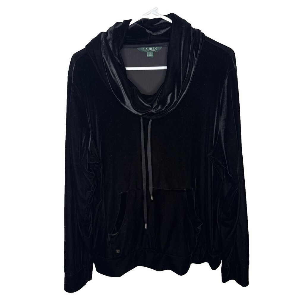 Lauren Ralph Lauren Womens XL Black Velvet Velour Pullover Sweatshirt Cowl Neck